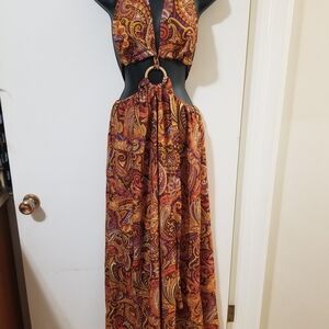 Resort Paisley Halter Maxi Dress Ring Cutout Open Back NWOT
